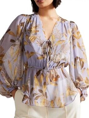 Ted Baker London Floral Sheer Harpier Blouse Womens Size 1 Boho Romantic Top